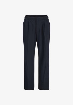 Marineblå bukser med lige ben, elastisk linning og forreste læg, designet til komfort og afslappet brug.