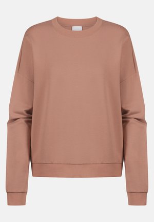 Light brown sweatshirt with a crew neck, long sleeves, and ribbed cuffs. Smooth, soft texture and a relaxed fit with no visible patterns.