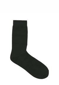 Zwarte sok tot halverwege de kuit met geribbelde boord, gladde textuur en versterkt teenstuk, plat neergelegd op een witte achtergrond.