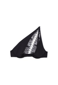 Sottile reggiseno a spalla unica di colore nero con un delicato pannello in pizzo che corre verticalmente attraverso la coppa, esposto su uno sfondo bianco.