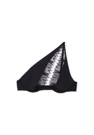 Schwarzer One-Shoulder-BH mit zartem Spitzenpaneel, das vertikal durch die Tasse verläuft, vor einem weißen Hintergrund präsentiert.