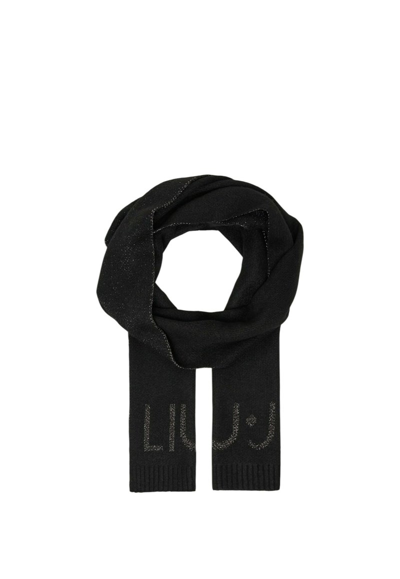 Sciarpa nera realizzata in tessuto morbido, con un bordo lucido e il logo "LIU.J" in fili metallici lungo il fondo.