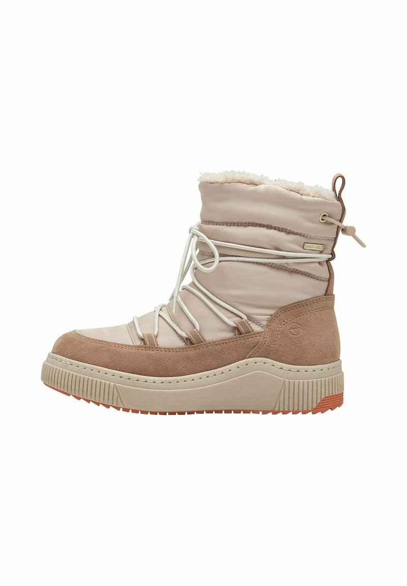 Stivale alla caviglia resistente all'acqua realizzato in tessuto sintetico beige e suède marrone. Presenta una foderatura morbida, lacci regolabili e una suola scanalata.