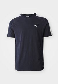 Mørkeblå kortærmet t-shirt i letvægtsbomuld med hvide raglanærmer og et lille hvidt Puma-logo på brystet.