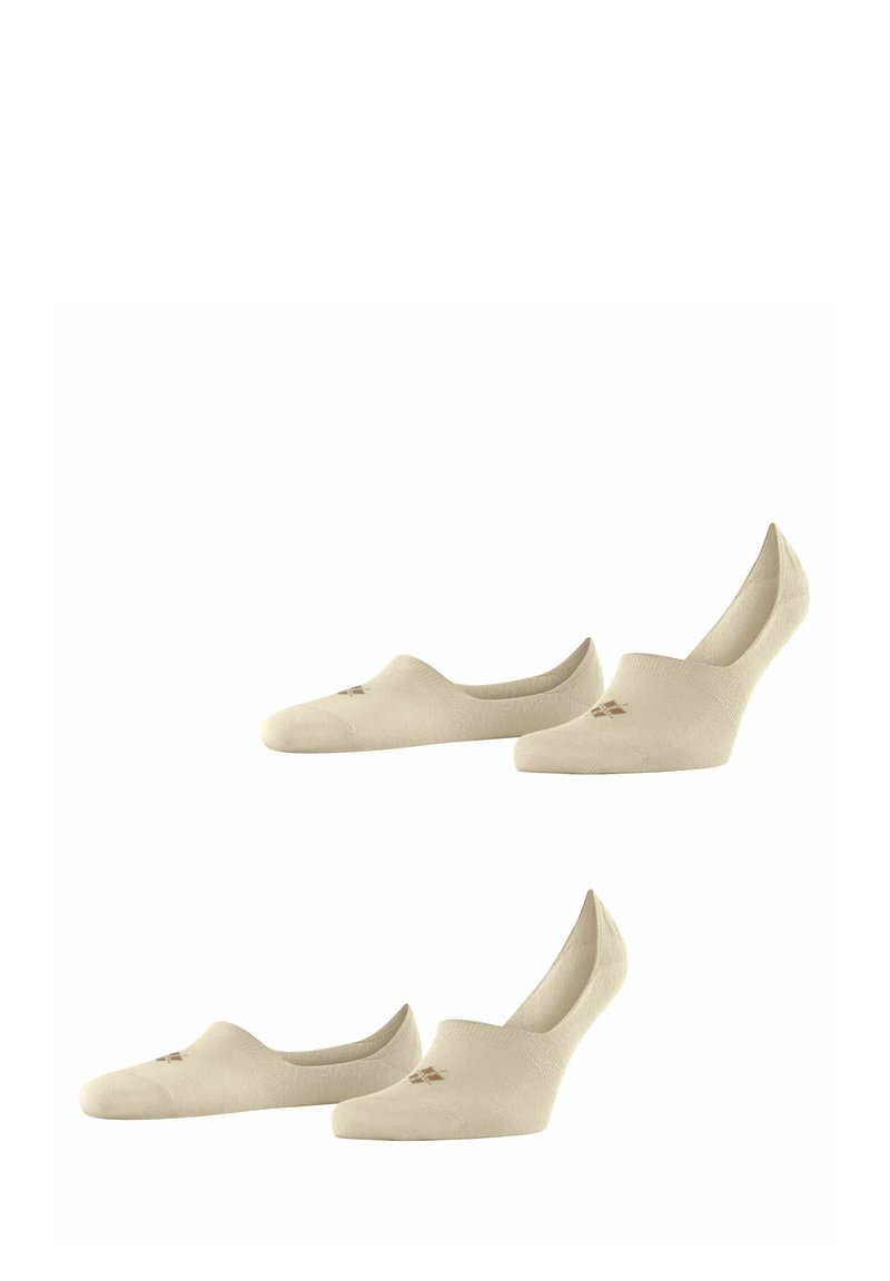 Beige Unsichtbare Socken mit glatter Textur, niedrigem Schnitt, verstärktem Zehenbereich und dezentem braunen Logo an der Seite.