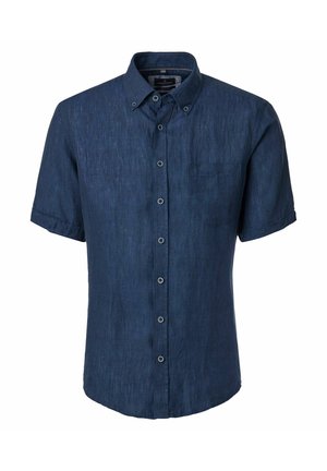 Marineblå kortærmet skjorte med knapper, krave og enkelt brystlomme, lavet af tekstureret stof.