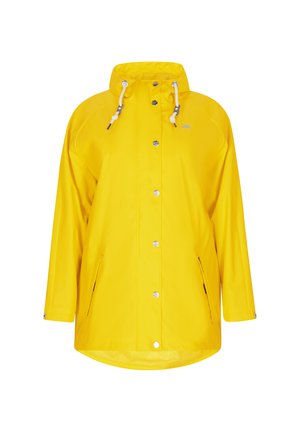 Chaqueta impermeable amarilla con capucha ajustable, botones a presión y bolsillos frontales. Presenta un corte relajado y una textura suave y brillante.