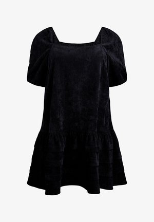 Schwarzes Samtoberteil mit quadratischem Ausschnitt und gepufften kurzen Ärmeln. Verfügt über einen gestuften Rüschensaum für eine lockere, entspannte Passform.