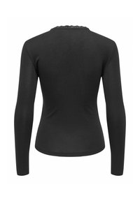 Svart langermet topp med tettsittende design. Myk stoff med rund halslinning pyntet med en bølget blondekant på baksiden.