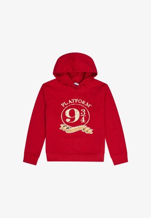 Rode hoodie met een grote grafische afbeelding van "Platform 9¾" in goud met een banner eronder. Glad materiaal met een capuchon met trekkoord en lange mouwen.