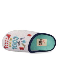 Zapatilla gris con el texto multicolor "LIFE is COOL by the POOL", un gráfico de pez rojo y un forro en color verde azulado. Hecha de un tejido suave con forma redondeada.