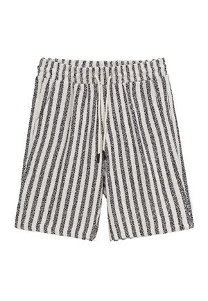 Shorts en maille rayés verticalement noir et blanc avec ceinture élastique et cordon blanc.