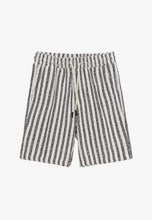 Shorts en maille rayés verticalement noir et blanc avec ceinture élastique et cordon blanc.