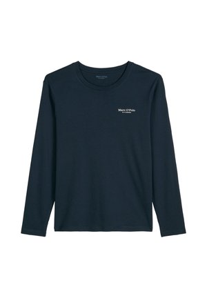 Marineblauw shirt met lange mouwen en een ronde hals, met een klein wit "Marc O’Polo" logo op de linkerborst.