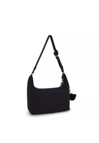 Borsa a spalla in tessuto nero con design curvo, chiusura con zip e tracolla regolabile. Presenta un piccolo pom-pom nero come dettaglio.