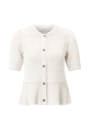 Witte gebreide korte mouwen cardigan met textuurpatroon, ronde hals, vijf metalen knopen en een uitlopende zoom.