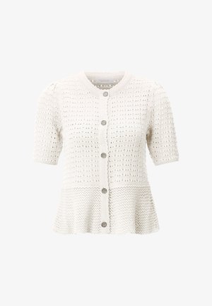 Cardigan blanc en maille à manches courtes avec motif texturé, encolure ronde, cinq boutons métalliques et ourlet évasé.