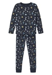 Langärmeliger Schlafanzug in Marineblau mit Astronauten-, Planeten- und Raketenmuster in Hellblau, Gelb und Grau; elastische Bündchen an Ärmeln und Hosen.