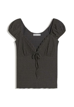Dark gray textured short-sleeve top with puffed sleeves, V-neckline with lace trim, and a front tie detail.