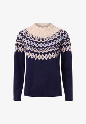 Pull bleu marine avec un empiècement crème à motif. Présente un col rond côtelé et des manches longues. Le matériau semble doux et tricoté.