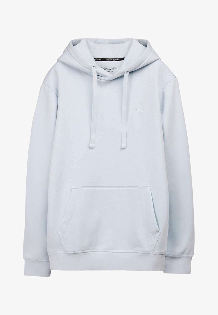 Sweat à capuche bleu clair avec poche kangourou à l'avant et cordons de serrage, design uni avec petit logo discret sur la poitrine.