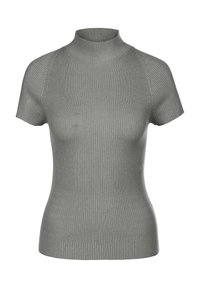 Korte mouw, geribbelde coltrui in een gedempte grijze kleur. Gemaakt van een rekbare gebreide stof met een subtiele textuur en een figuurvormend ontwerp.