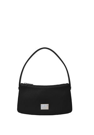 Black rectangular handbag with single shoulder strap and silver metal brand plate on front, zippered top closure.
