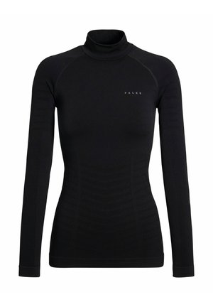 Schwarzes langärmliges Rollkragenshirt aus Stretchstoff. Es hat ein körpernahes Design mit Rippakzenten und ein kleines Markenlogo auf der Brust.