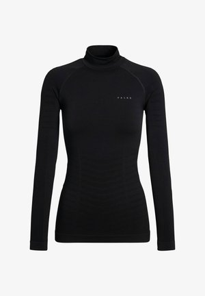 Schwarzes langärmliges Rollkragenshirt aus Stretchstoff. Es hat ein körpernahes Design mit Rippakzenten und ein kleines Markenlogo auf der Brust.