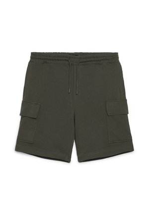 Pantaloncini cargo verde oliva in morbido cotone con vita elasticizzata, coulisse e due tasche cargo laterali. Design semplice e funzionale.