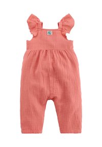 Korallenfarbener Baumwoll-Overall mit Rüschenträgern, strukturiertem Stoff und gerafftem Taillenbereich für Bewegungsfreiheit. Runde Beinsäume.