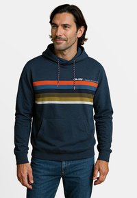 Navyblauwe hoodie van katoen, met een voorzak in kangoeroestijl, gestreept ontwerp in oranje, blauw, groen en wit, met een capuchon met een trekkoord.