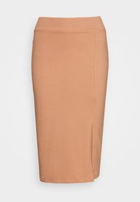 Jupe crayon beige jusqu'au genou, en tissu doux, avec une fente sur le côté et une coupe ajustée avec une taille lisse.