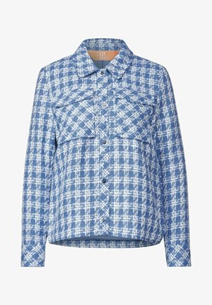 Blau-weiße kariertes Hemdjacke mit Knopfverschluss, zwei Brusttaschen und spitzem Kragen. Strukturierter Stoff mit passgenauem Schnitt.