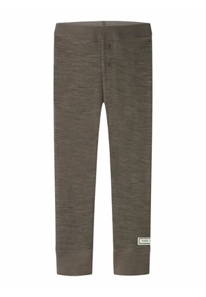 Collants longs marron avec taille élastique, deux boutons à l'avant, et poignets côtelés, avec une petite étiquette en tissu près de la cheville gauche.