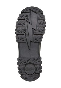 Black rubber sole featuring a zigzag pattern, geometric traction elements, and a circular logo detail at the center. Size 38 indicated.