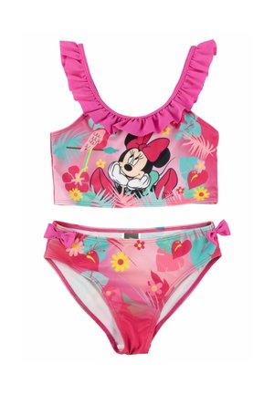 Mädchen pinker zweiteiliger Badeanzug mit Rüschenträgern, Blumenmuster und Minnie-Maus-Grafik auf dem Oberteil.