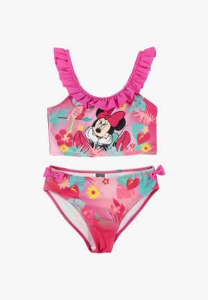 Costume da bagno bicolore rosa per bambine, con spalline arricciate, stampe floreali e grafica di Minnie Mouse sul top.