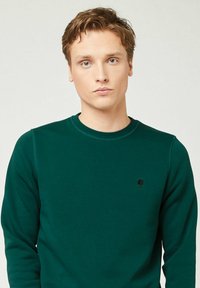 Groene sweatshirt van zacht materiaal, met een ronde halslijn en ribbelmanchetten. Bevat een klein zwart boomlogo op de borst.