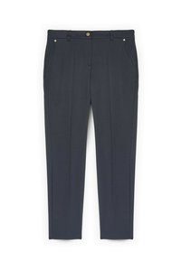 Pantaloni croiți bleumarin, confecționați dintr-un material țesut cu o textură fină, având buzunare frontale, fermoar la brâu și detalii de cusătură subtile.