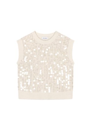 Beige ermeløs topp med rund hals, med strukturert strikk og paljettpynt arrangert i horisontale striper.
