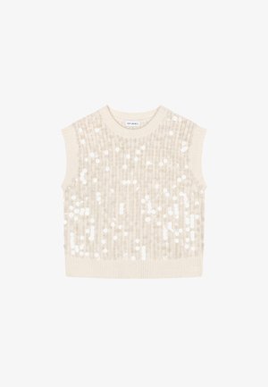 Beige ermeløs topp med rund hals, med strukturert strikk og paljettpynt arrangert i horisontale striper.