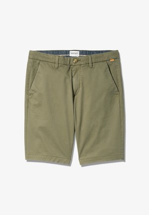 Oliivroheline lühike pükste komplekt, mis on valmistatud puuvillasegistusest. Omadusteks on kaks esist taskut, nööbikinnitus ja sirge äär.