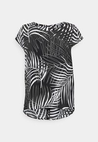 Blusa nera a maniche corte con motivo di foglie tropicali bianche e orlo arrotondato su uno sfondo bianco semplice.