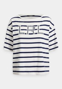 T-shirt de algodão com riscas horizontais em azul-marinho e branco, decote redondo e mangas curtas. Apresenta um logo "RL" texturizado na parte da frente.