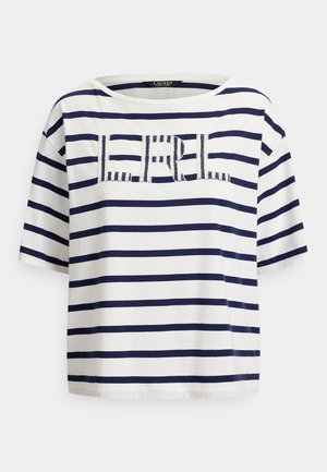 Bombažna majica s hrbtno modrimi in belimi vodoravnimi črtami, okroglo izrezana in kratkimi rokavi. Na sprednji strani je teksturiran logotip "RL".