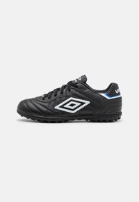 Black soccer cleat with a textured leather upper, white and blue accents, round toe, and patterned rubber outsole for traction.