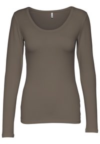 Braunes Langarmshirt mit rundem Ausschnitt, aus weichem, dehnbarem Stoff, mit tailliertem Schnitt und nahtlosen Ärmeln.