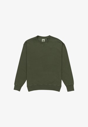 Olive green sweatshirt made of soft fabric, featuring a round neck, long sleeves, ribbed cuffs, and a subtle embroidered logo.