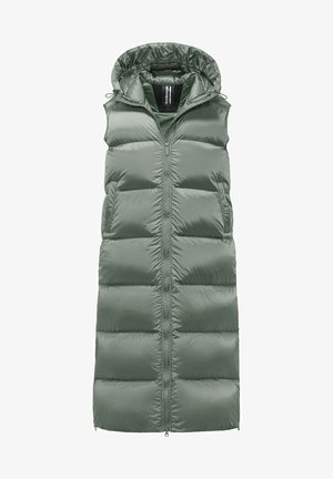 Gevoerde lange vest in gedempt groen, met een ritssluiting aan de voorkant, een vaste capuchon en zijzakken. Glad, glanzend materiaal met een gewatteerd patroon.